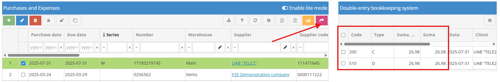 Checking the double-entry record in the registered document